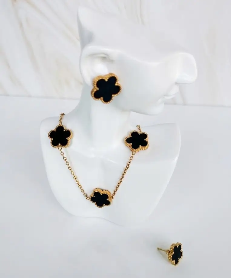 Kit de Trébol Negro con Flor de 5 Hojas Acero Inoxidable