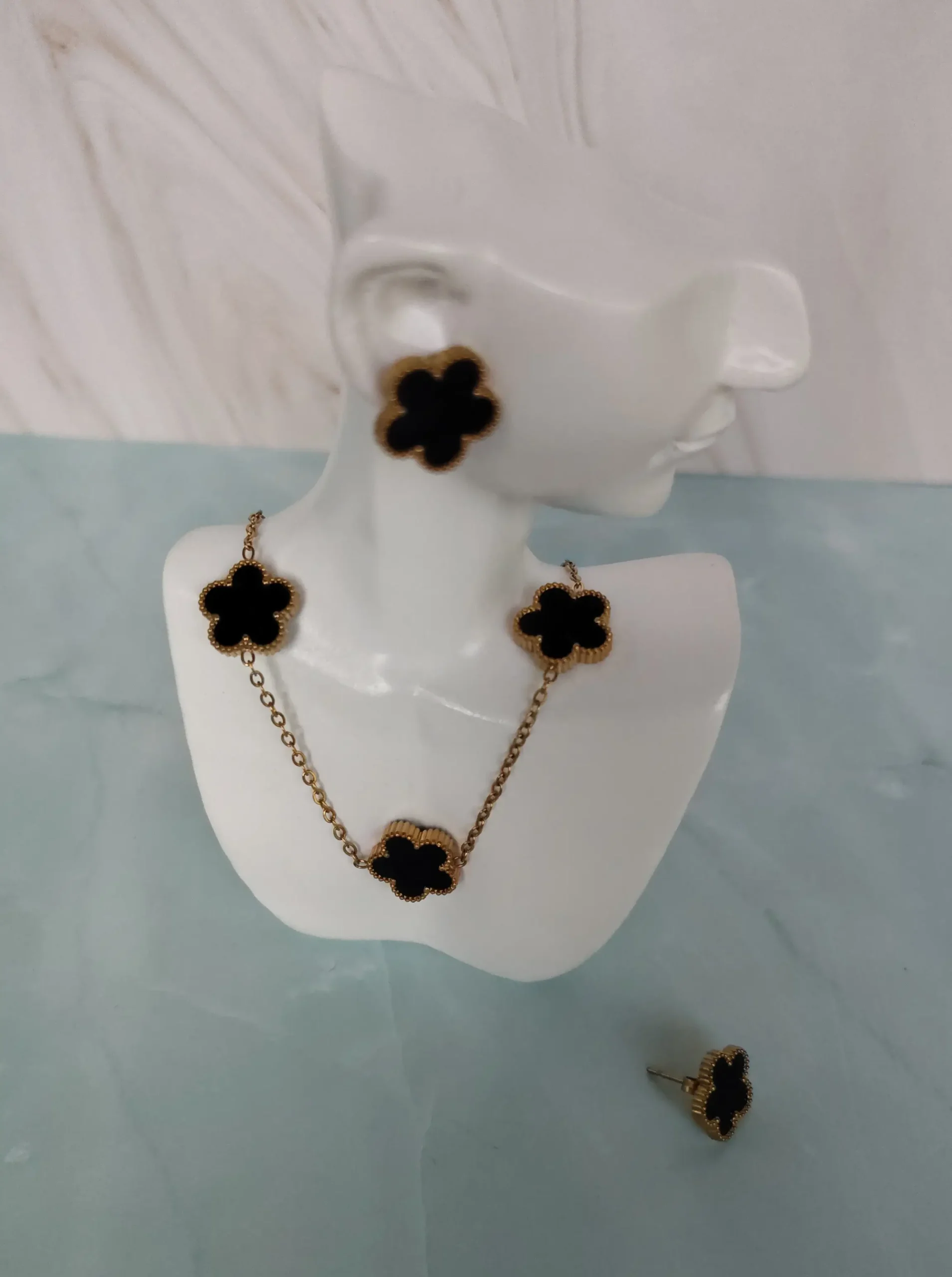 Kit de Trébol Negro con Flor de 5 Hojas Acero Inoxidable