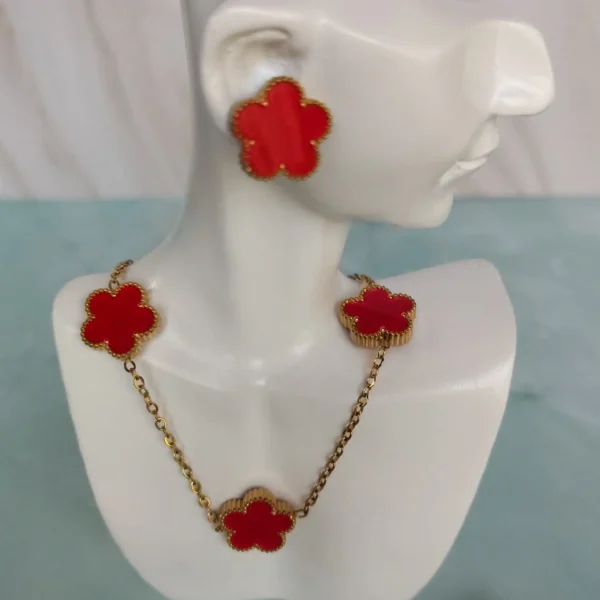 Kit de Trébol Rojo con Flor de 5 Hojas Acero Inoxidable