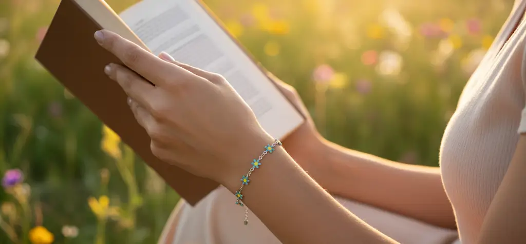 Pulsera Plateada Flor Verde en Acero Inoxidable