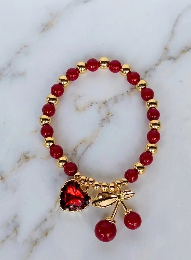 Pulsera Dorada Corazón y cereza en Acero Inoxidable